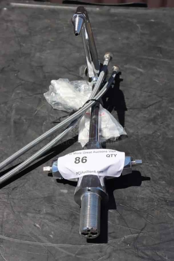 Brand new Chicago Faucets 930-VR317XKCP lab faucet with 6 1/8" gooseneck spout and 4" wristblade handles. Tags included.