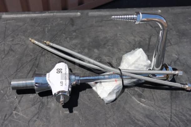 Brand new Chicago Faucets 930-VR317XKCP lab faucet with 6 1/8" rigid gooseneck spout, 4" wristblade handles, and original packaging.