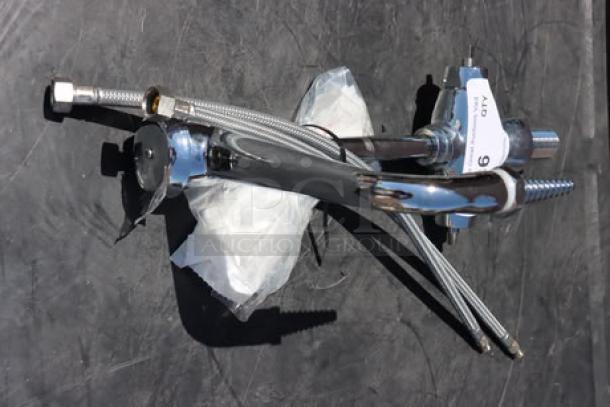 Brand new Chicago Faucets 930-VR317XKCP deck-mounted lab faucet with 6 1/8" gooseneck spout, 4" wristblade handles.