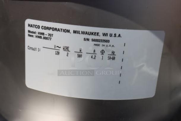 BRAND NEW Hatco HWB-7QT 7 Qt. Single Drop In Round Heated Soup Well, 120V, serial number 5600222503, label showing specs.