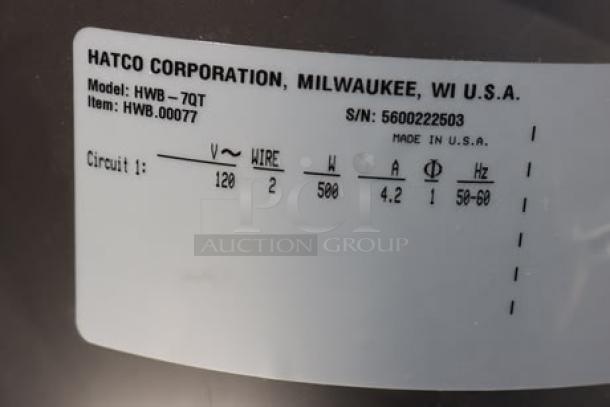 Hatco HWB-7QT label showing model, serial number 5600222503, voltage 120V, 500W, 4.2A, made in USA.