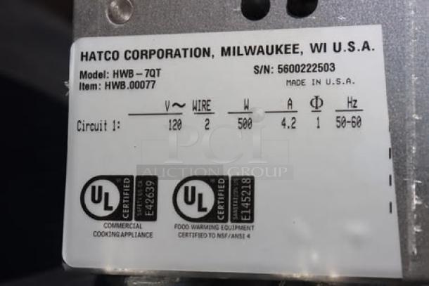 BRAND NEW Hatco HWB-7QT 7 Qt. Single Drop In Heated Soup Well, 120V, Serial No. 5600222503, UL certified.