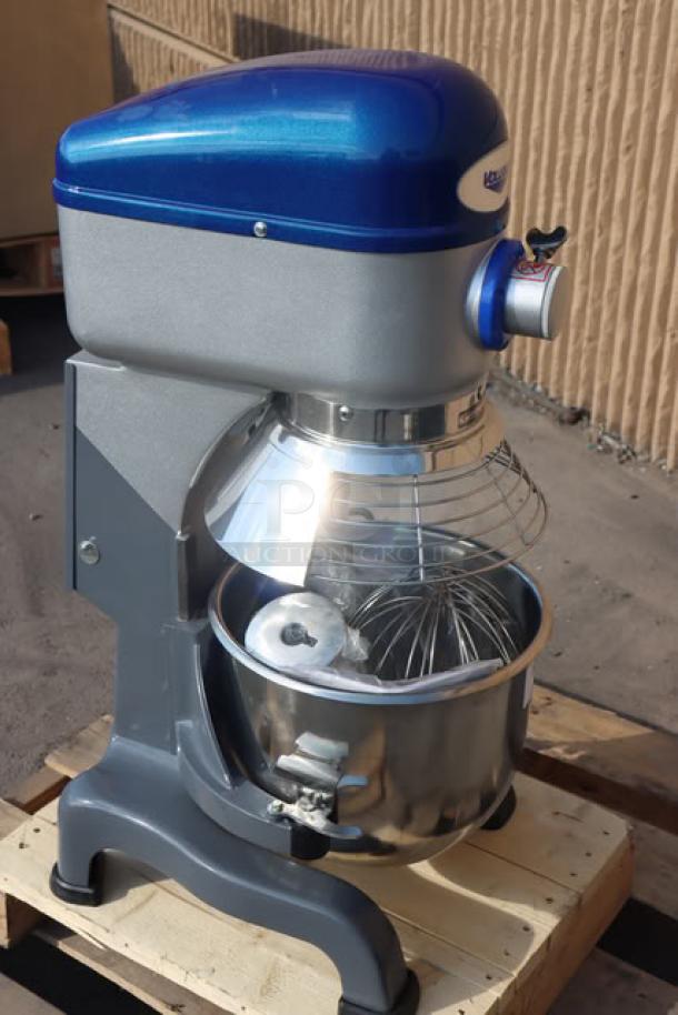 BRAND NEW Vollrath 40757 20 Qt. Planetary Stand Mixer with guard, accessories, blue top; minor scratches. 1/2 hp, 110-120V.