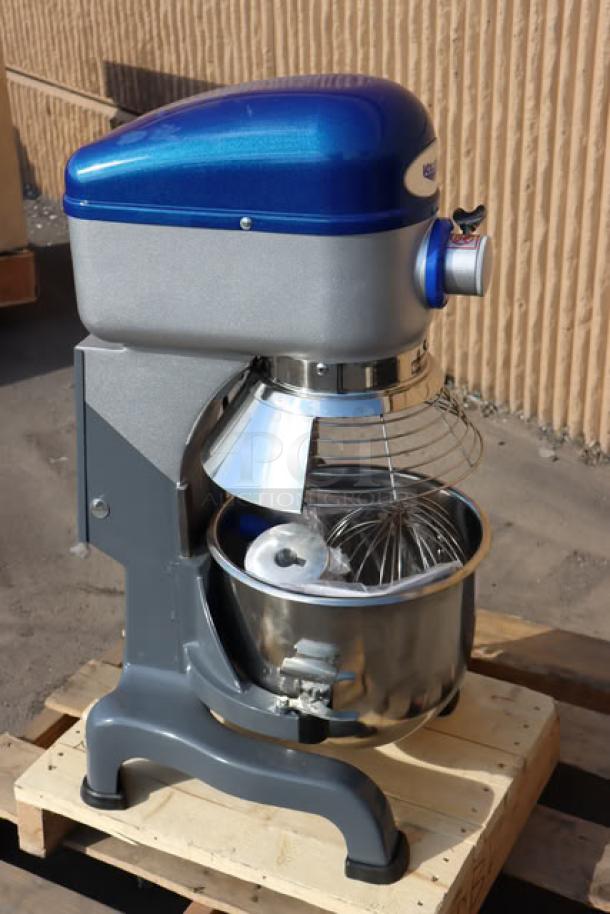 Brand new Vollrath 40757 20 Qt. planetary stand mixer with guard, scratch-n-dent condition, 1/2 hp, 10 Amps, 1200 Watts.