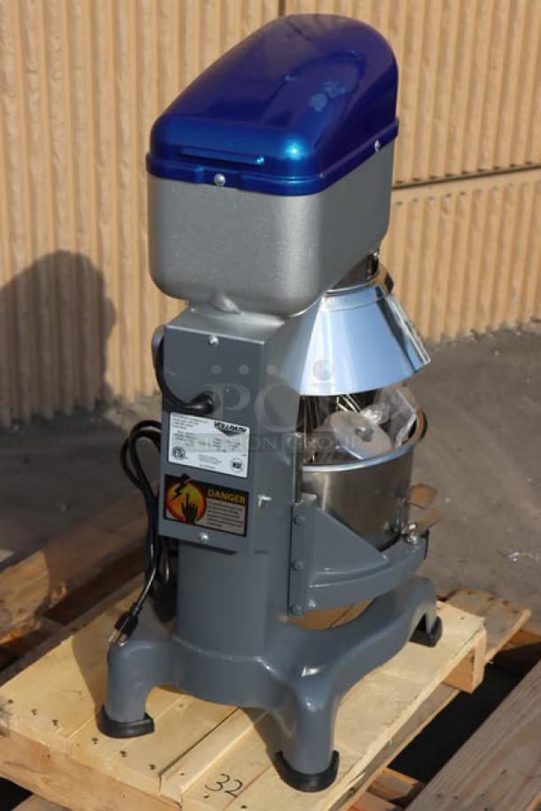 BRAND NEW Vollrath 40757 20 Qt. Planetary Mixer, scratch-n-dent, with guard, 1/2 hp, 110-120V, 1,200W power, tags visible.