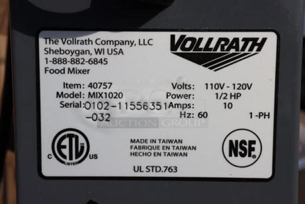 BRAND NEW SCRATCH-N-DENT Vollrath 40757 20 Qt. Planetary Stand Mixer, 1/2 hp, 110-120V, with guard and accessories. S/N: 0102-1155635-032.