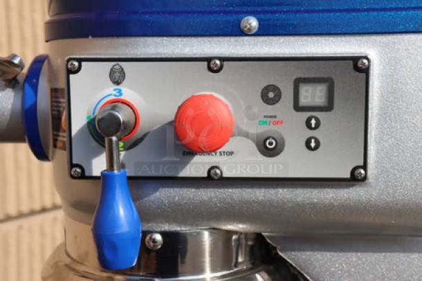 Vollrath 40757 20 Qt. planetary mixer control panel with blue lever, emergency stop button, and digital display.
