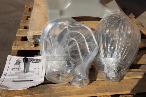 Globe SP30P 30 Qt. Planetary Mixer accessories on pallet, wrapped in plastic with minor scratches. Includes manual.