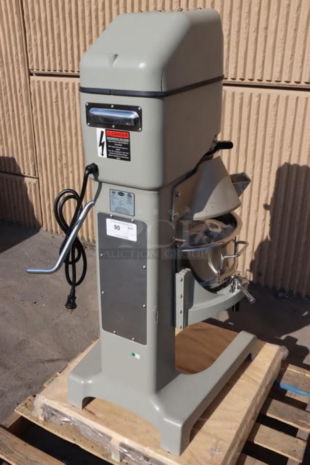 Brand new Globe SP30P 30 Qt. Planetary Floor Mixer, minor scratches, 1 1/2 hp, 240V, with guard and accessories.