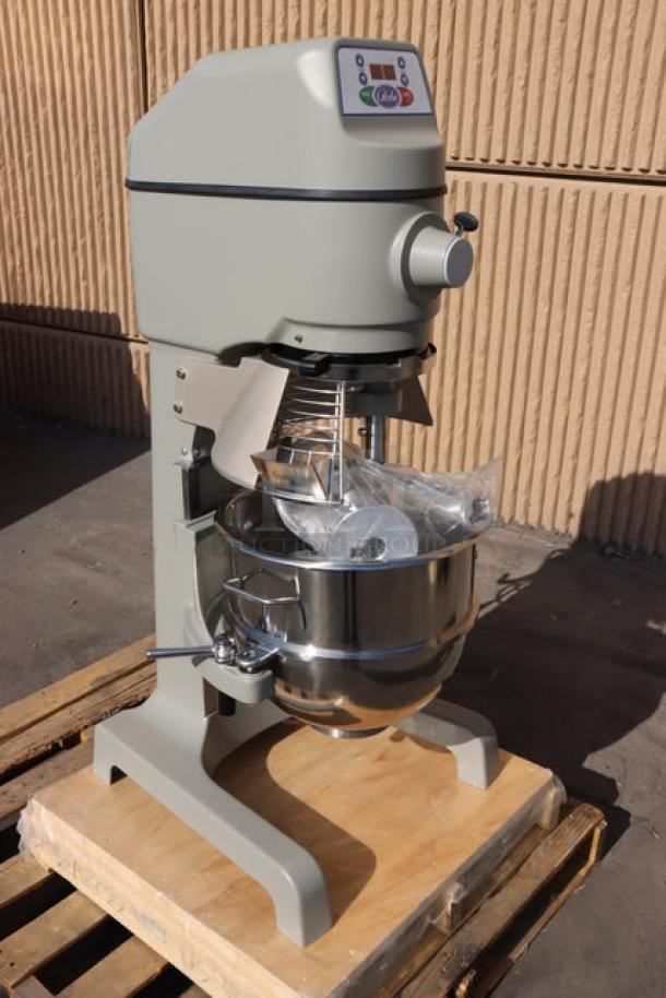 "BRAND NEW Globe SP30P 30 Qt. Planetary Mixer with guard, standard accessories, minor scratches/dents, 1.5 hp, 240V."