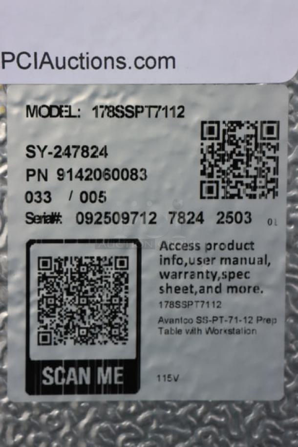 Label on Avantco SS-PT-71-12-HC refrigerated prep table, model 178sspt7112, showing serial number and QR codes for details.