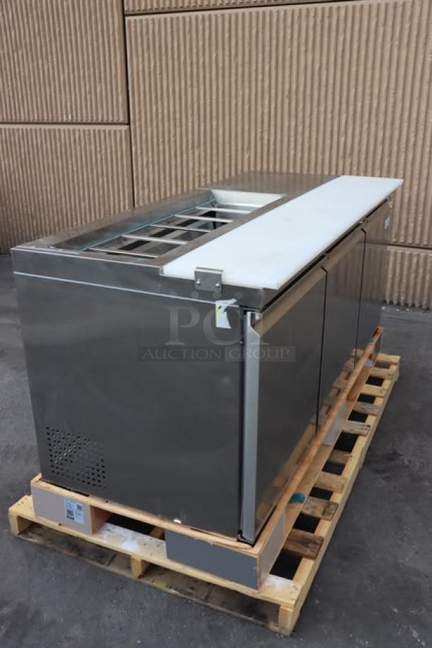 Avantco SS-PT-71-12-HC 70" 3 Door Stainless Steel Refrigerated Sandwich Prep Table, brand new, tested, without packaging.