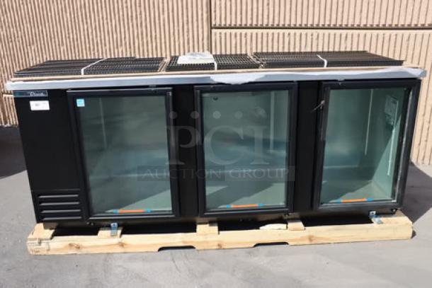 True TBB-4G-HC-LD 90" black glass door back bar refrigerator, LED lighting, outer glass pane on right side broken.