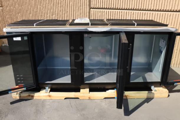 True TBB-4G-HC-LD 90" Black Glass Door Back Bar Refrigerator, LED lighting, 115V, brand new, right glass pane broken.