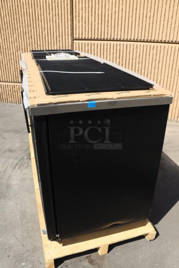 BRAND NEW True TBB-4G-HC-LD black glass door back bar refrigerator with LED lighting; right glass pane broken.