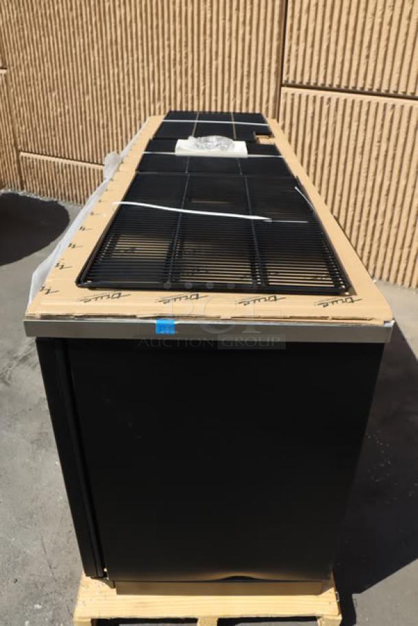 Brand new True TBB-4G-HC-LD back bar refrigerator, black finish, 90 3/8", LED lighting, right glass pane broken.