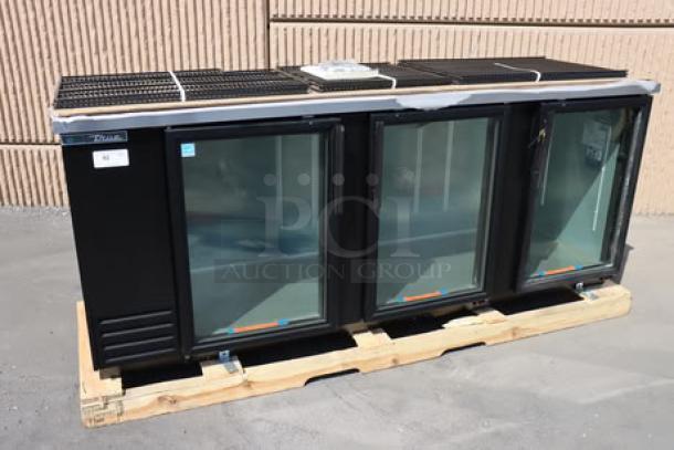 BRAND NEW SCRATCH-N-DENT True TBB-4G-HC-LD 90 3/8" Black Glass Door Back Bar Refrigerator, LED lighting, right pane broken.