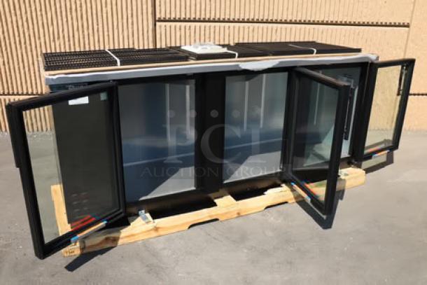 BRAND NEW True TBB-4G-HC-LD Black Glass Door Bar Fridge, LED lighting, 115V, broken right pane, S/N: 11030238.