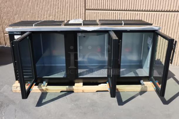 True TBB-4G-HC-LD black glass door bar refrigerator, 90 3/8", LED lighting, new scratch-n-dent. Right glass pane broken.