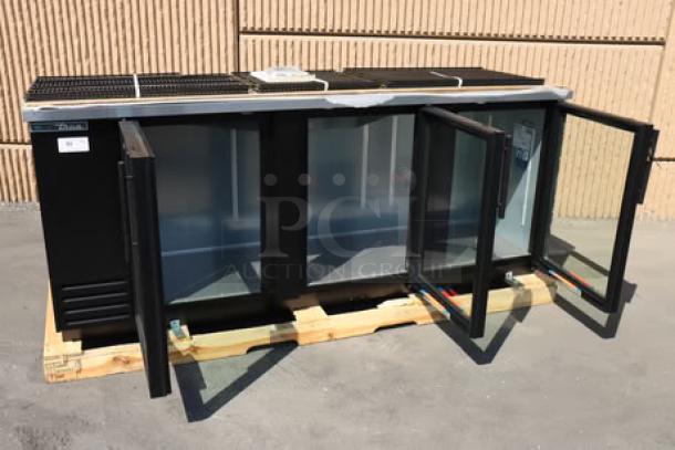 Brand new True TBB-4G-HC-LD black back bar refrigerator, 90 3/8", LED lighting, 115V, scratch-n-dent, broken right glass pane.