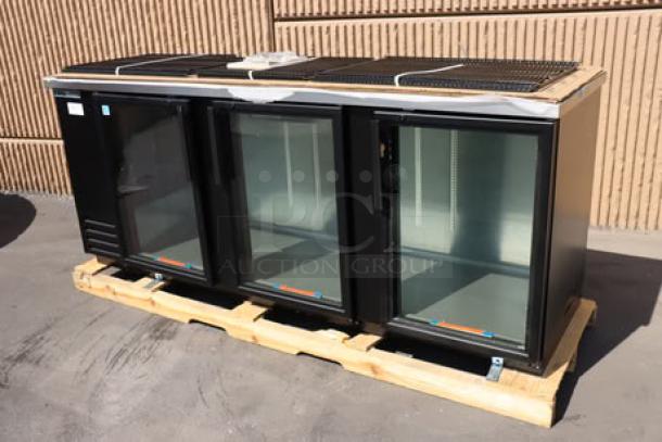 True TBB-4G-HC-LD 90" black glass door back bar refrigerator, brand new, right outer glass pane broken.