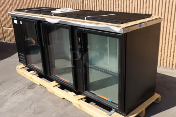 Brand new True TBB-4G-HC-LD black glass door back bar refrigerator, 90 3/8", LED lighting, right glass pane broken.