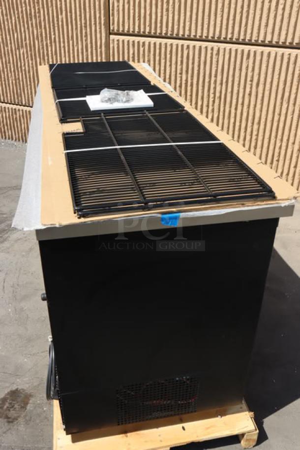 True TBB-4G-HC-LD back bar refrigerator, black, 90 3/8", LED lighting, 115V, broken right glass pane, new condition.