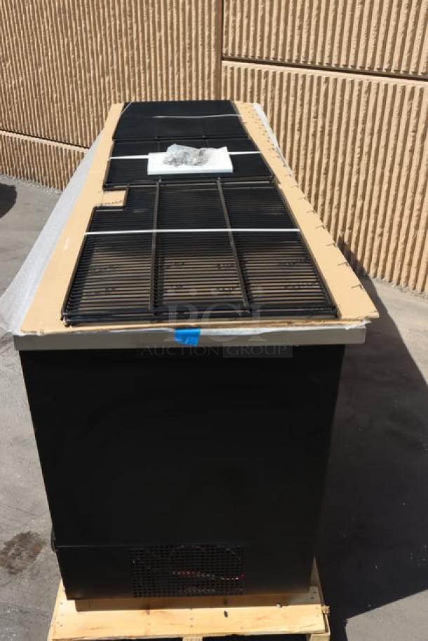 Brand new True TBB-4G-HC-LD black back bar refrigerator, 90 3/8", LED lighting, scratch-n-dent, broken outer glass pane.