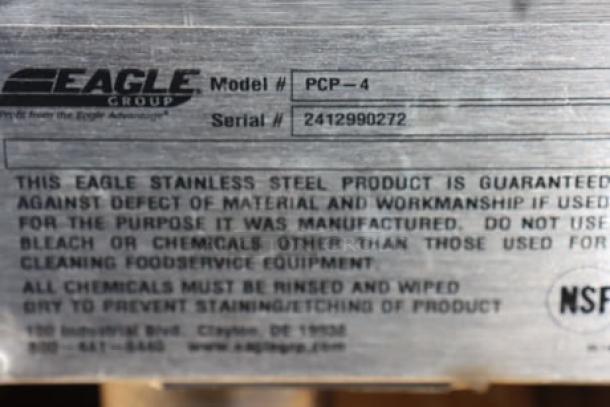 Eagle Group PCP-4 ice-cooled cold food table label, S/N 2412990272, stainless steel, unassembled, brand new condition.