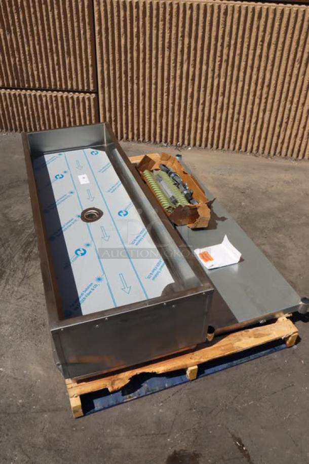 Brand new Eagle Group PCP-4 mobile ice-cooled cold food table, unassembled. Features galvanized undershelf, open base, protective packaging.