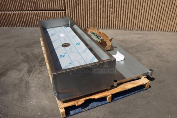 Brand new Eagle Group PCP-4 mobile ice-cooled cold food table, unassembled, with galvanized undershelf and open base.