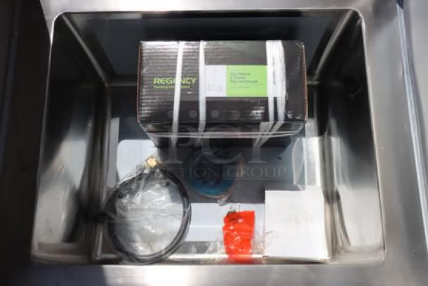 Regency 600SMC25SD stainless steel mop sink cabinet with faucet, 25 1/4" x 22 5/8" x 84", new scratch-n-dent condition.