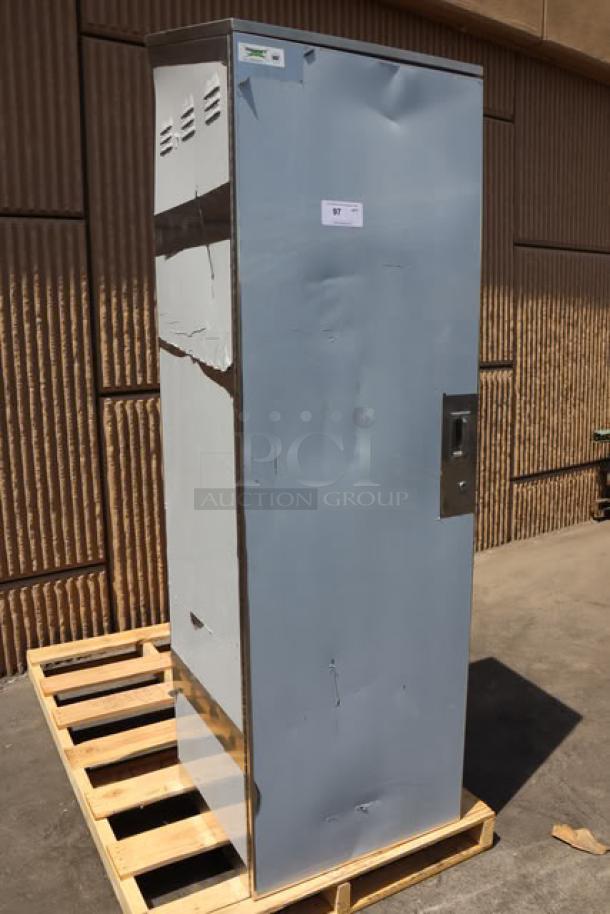 Brand new Regency 600SMC25SD stainless steel mop sink cabinet, 25 1/4" x 22 5/8" x 84", with visible dents and pallet.