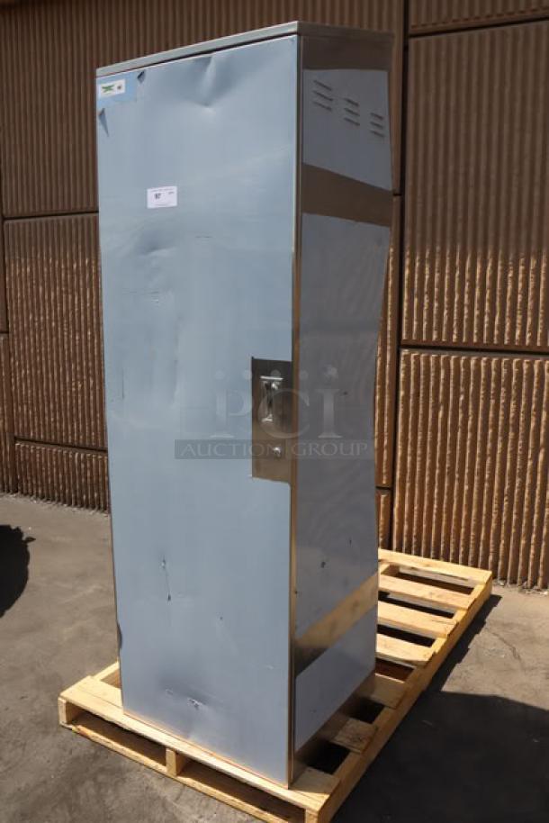 Brand new Regency 600SMC25SD stainless steel mop sink cabinet, 25 1/4" x 22 5/8" x 84", includes 8" faucet, visible dents.