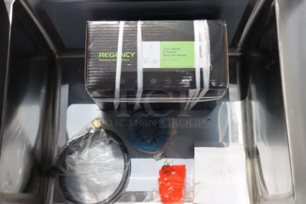 BRAND NEW Regency 600SMC25SD stainless steel mop sink cabinet with 8" faucet, 25 1/4" x 22 5/8" x 84", in box.