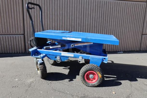 Vestil CART-PN-1500 blue steel hydraulic cart, 40"x20.5" platform, 1,500 lb. capacity. Dented top, seized wheels, non-functional.