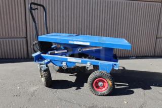 Vestil CART-PN-1500 blue steel hydraulic cart, 40"x20.5" platform, 1,500 lb. capacity. Dented top, seized wheels, non-functional.