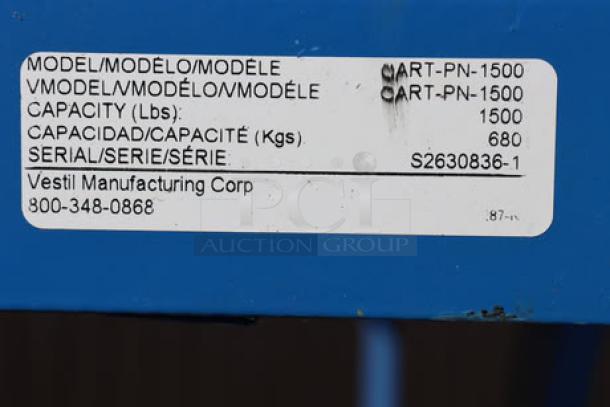 BRAND NEW SCRATCH-N-DENT Vestil CART-PN-1500 label, 1,500 lb. capacity, shows model, capacity, and serial number S2630836-1.