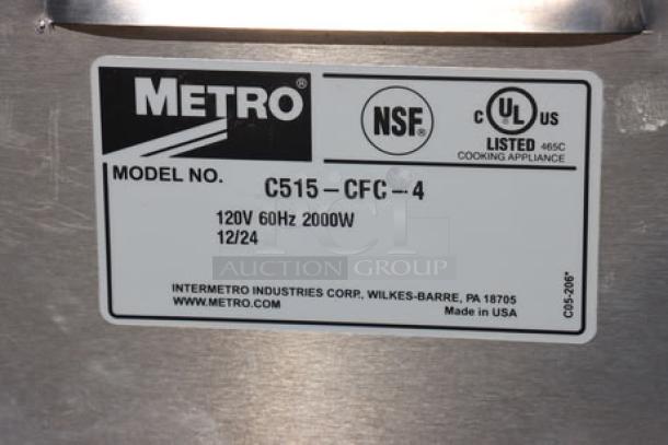 Label on the Metro C515-CFC-4 cabinet shows model, NSF and UL certifications, 120V 2000W specs, and manufacturer details.