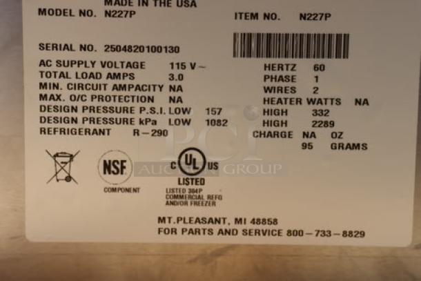 Delfield N227P 12 Gallon Drop-In Freezer label, 115 Volts, 2.9 Amps, 1 Phase, S/N: 2504820100130, with certifications.