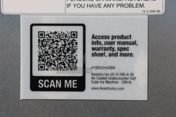 QR code label for Hoshizaki AM-50BAJ ice machine, S/N: 194UCH280A. Includes product info access and branding.