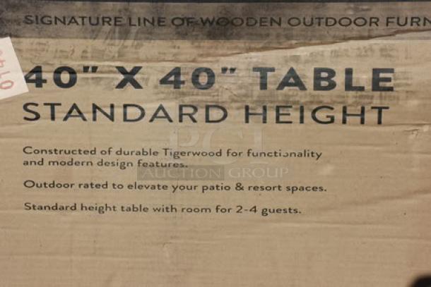 Brand new Lancaster Table & Seating 427VR4040TB Virelli 40"x40" Tigerwood outdoor table. Packaging damaged.