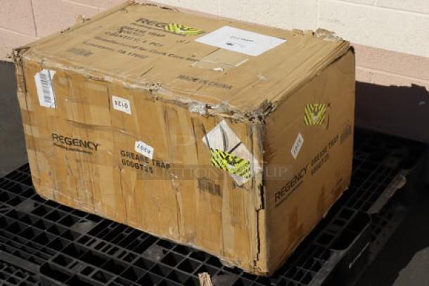 Brand new Regency 600GT25 grease trap, 50 lb, 25 GPM, with 3" non-threaded connections. Box is ripped and torn.