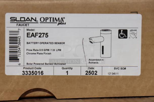 Brand new Sloan 3335016 Optima solar sensor faucet, polished chrome, 5 3/8" spout, 0.5 GPM aerated spray, assembled in Romania.