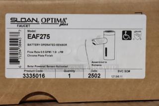Brand new Sloan 3335016 Optima solar sensor faucet, polished chrome, 5 3/8" spout, 0.5 GPM aerated spray, assembled in Romania.