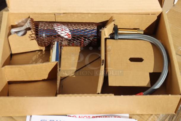 Brand new Sloan 3335016 Optima faucet with polished chrome, solar-powered sensor, 5 3/8" spout, 0.5 GPM spray, in packaging.