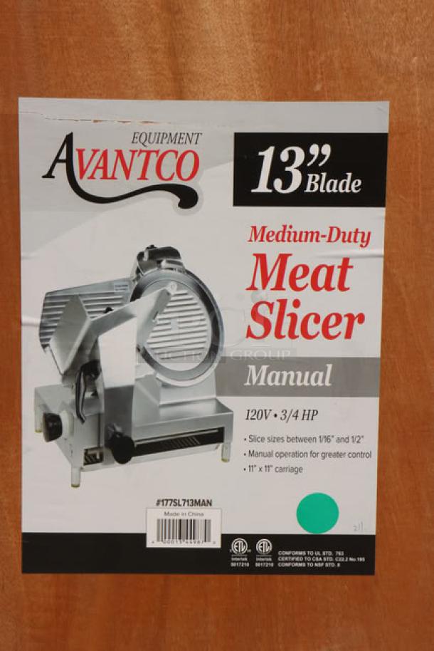 Brand new Avantco SL713MAN 13" medium-duty manual meat slicer. 3/4 hp, 120V, damaged blade guard bracket.