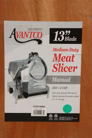 Brand new Avantco SL713MAN 13" medium-duty manual meat slicer. 3/4 hp, 120V, damaged blade guard bracket.