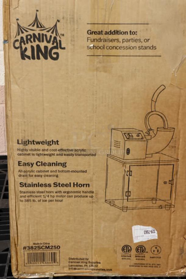 Carnival King SCM250 Sno Cone Machine, new in sealed box, 120V, 250W. Features lightweight acrylic cabinet, stainless steel horn.