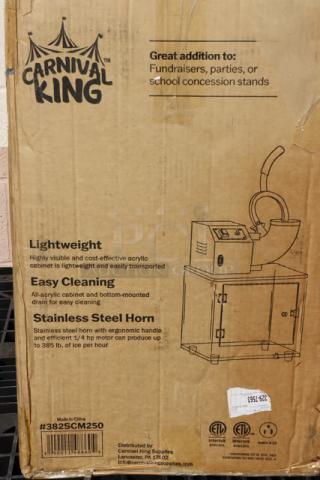 Carnival King SCM250 Sno Cone Machine, new in sealed box, 120V, 250W. Features lightweight acrylic cabinet, stainless steel horn.